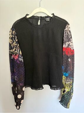 Desigual Sheer Top Women’s Size L Black Smocked Floral Long Sleeve Mock Neck